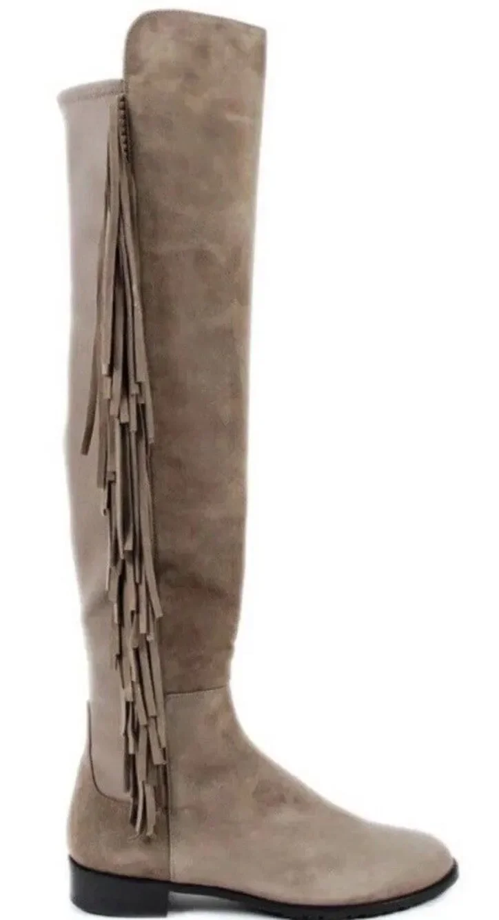 Stuart Weitzman Mane Fringe Over the Knee Taupe Beige Suede 50/50 Boots 8 NEW